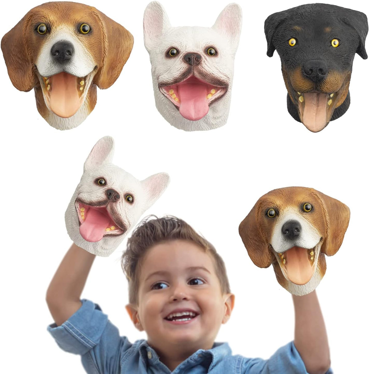 Dog Hand Puppets, Rottweiler & Beagles & French Bulldog 3 pcs Latex Animal Toys, Realistic Puppets Gift for Kids