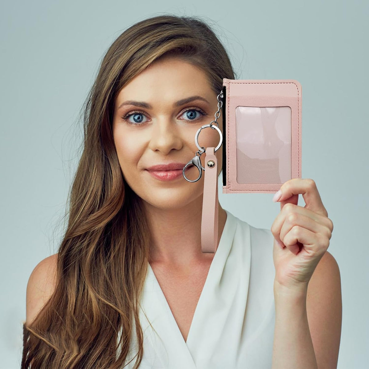 Slim Minimalist Front Pocket Wallet, PU Leather Credit Card Holder with Zipper, Keychain Wallet for Men & Women (Brown)