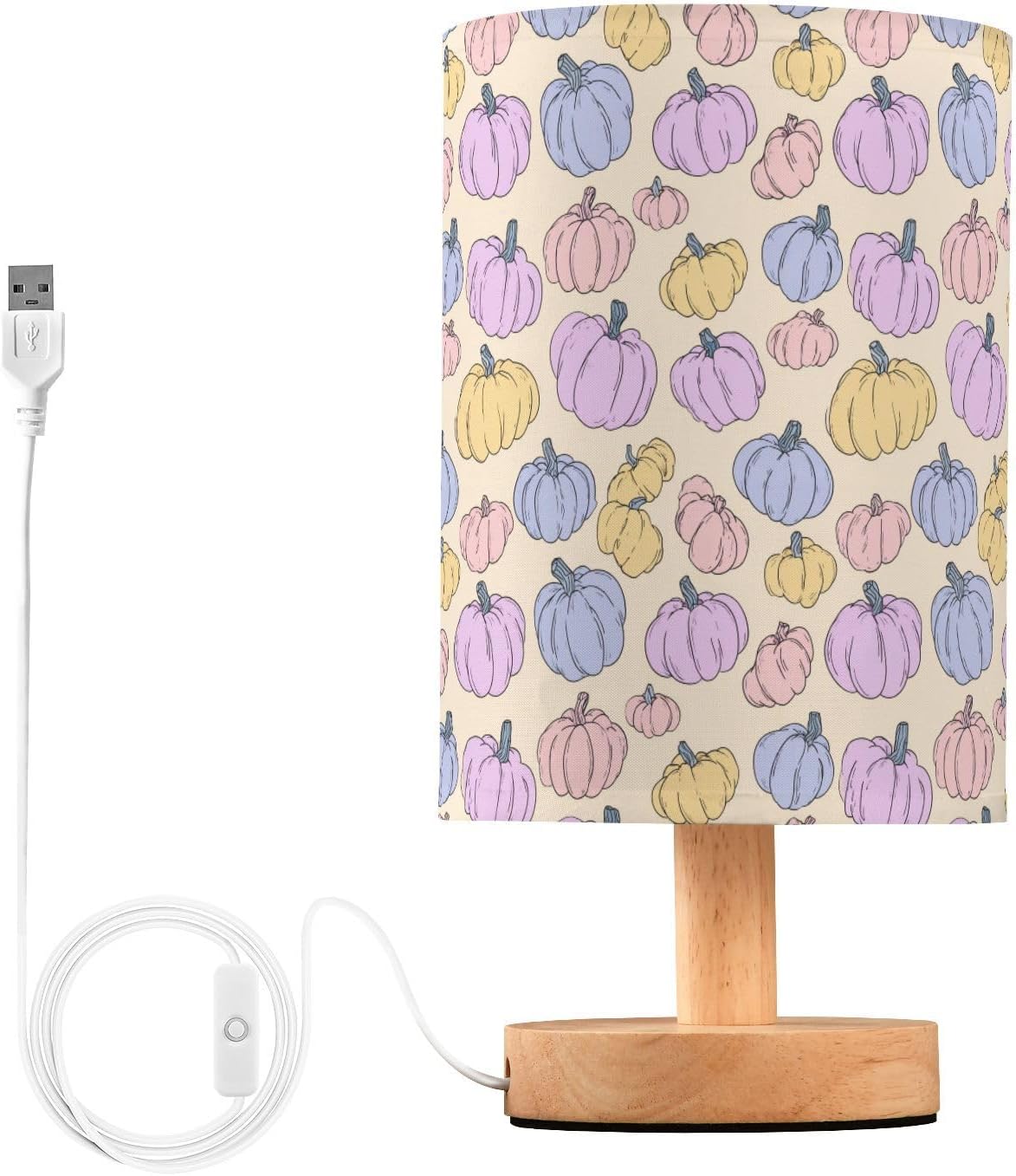 Cartoon Style Pumpkins Bedside Table Lamp Small Desk Lamps Linen Fabric Shade Decorative Nightstand Lamp LED with USB Port Wood Base for Bedroom Living Room