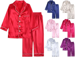 2pc Kids Satin 𝗦ilk 𝐏ajamas Set Long Sleeve Solid 𝐏𝐣 Toddler Button 𝗦leepwear 𝗡ightclothes Pocket 𝗟oungewear