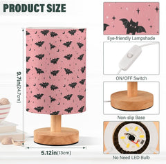 Cute Pink Bat Silhouettes Bedside Table Lamp Small Desk Lamps Linen Fabric Shade Decorative Nightstand Lamp LED with USB Port Wood Base for Bedroom Living Room