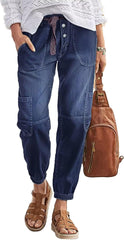 Flamingals Straight Leg Button Fly Jeans for Women Multi Pocket Mid Rise Jeans Without Belt Denim Pants