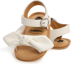 Girls Kids Open Toe Sandals Bow Leather Adjusted Buckle Strap Barefoot Shoes Baby Childrens Flat Wide Shoes Light Comfy