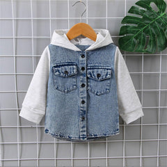 Children's T Shirt Long Sleeved Hooded Denim Patchwork Top Casual Going Out for Boys Or Girls Active Shirt