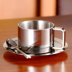 Stainless Steel Coffee Cup Mug Set Double Wall Spoon Saucer Kitchen Supplies Silver