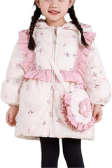 Girls Down Coat Floral Hooded Padded Jacket Kids Outdoor Heavyweight Warm Outerwear