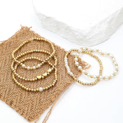 Gold Beaded Bracelet Set for Women Chunky Stretch Paperclip Cross Stack Non Tarnish