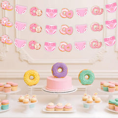 JOYMEMO 3 Pieces Donuts and Diapers Baby Shower Banners Pink, Donuts and Diapers Decorations for Girls, Sweet Doughnut Theme Baby Shower Party Supplies