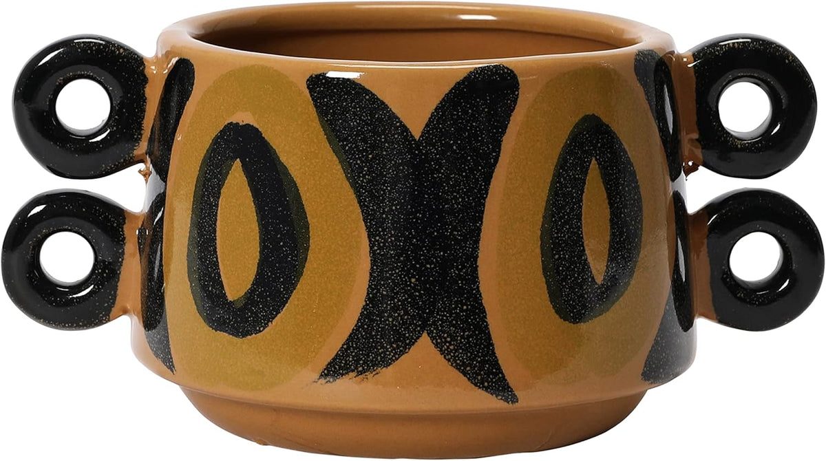 Bloomingville Hand Painted Stoneware Planter with Handles, Brown and Black