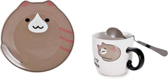 Hinomaru Collection Cute Neko Kitten Cats 8 fl oz Teacup with Spoon and Saucer Set Coffee Latte Hot Beverage Mug With Stirring Spoon (Brown Cat)