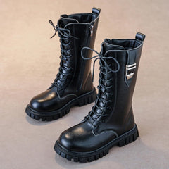 Girls Riding Boots Knee High PU Leather Motorcycle Boots Side Zipper Mid Calf Shoes for Toddler/Kids