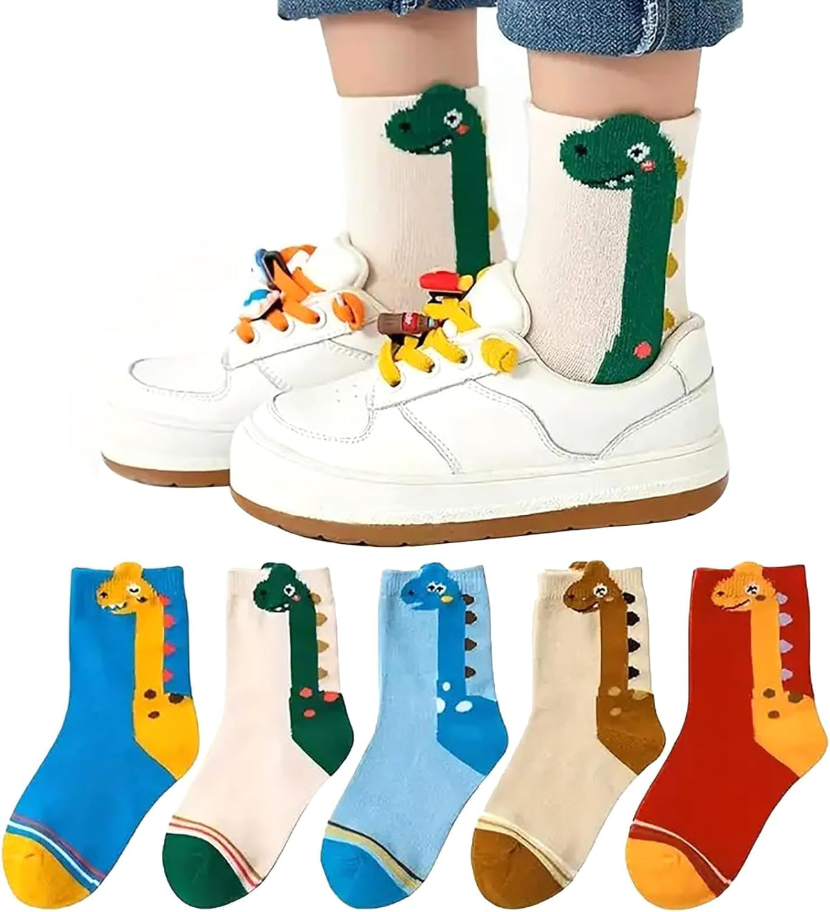5Pairs Boys Crew Socks Funny Cartoon Dinosaur Cotton Crazy Socks for Kids