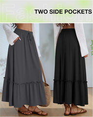 Ficerd 3 Pack Women's Boho Maxi Skirts, Long Tiered Skirt Flowy Ruffle High Waist Drawsting Casual Dress with Pockets