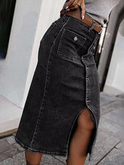 Flamingals Straight High Rise Vintage Embroidered Botton Fly Split Thigh Midi Denim Skirt