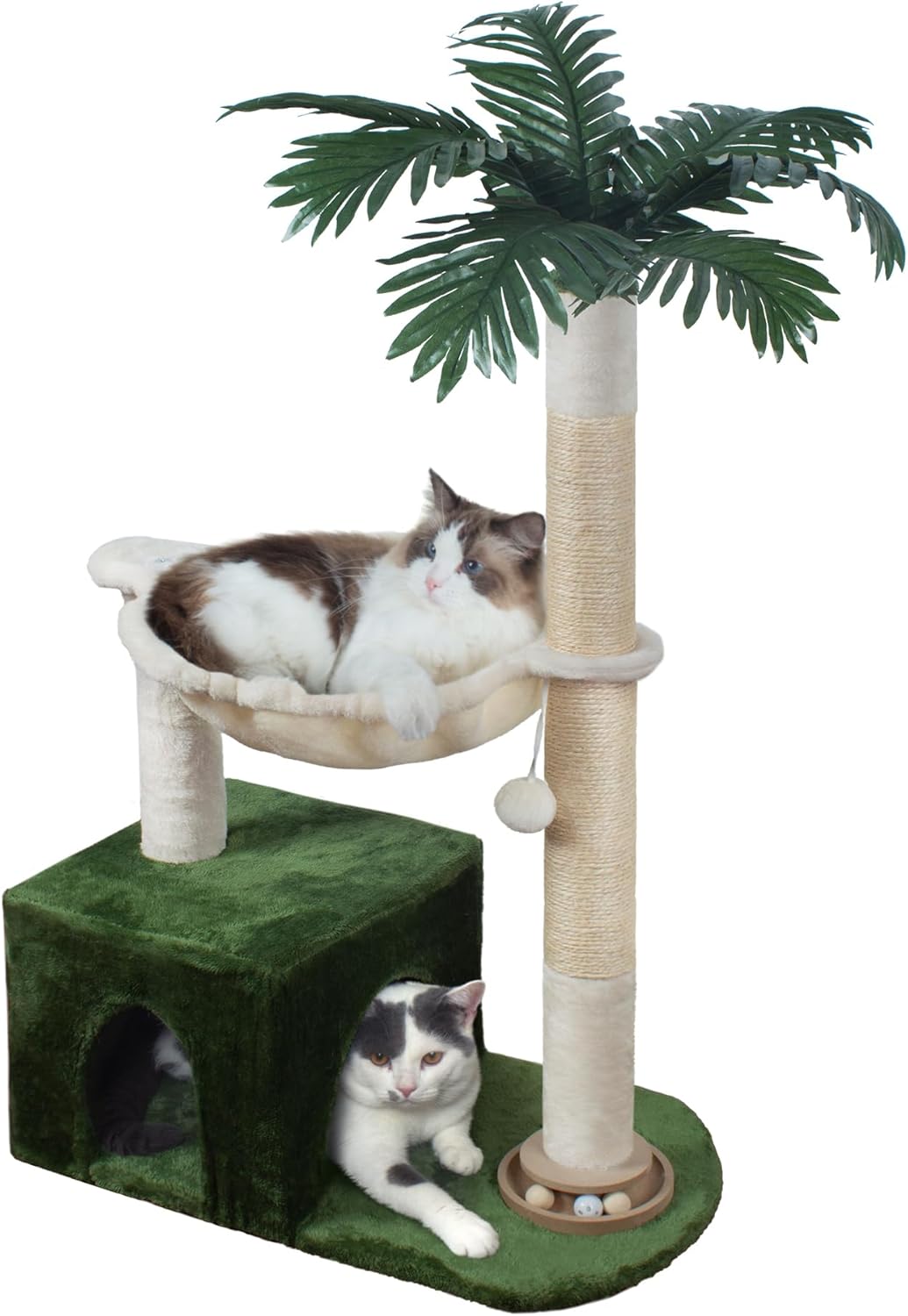 Cat Tree 38" Cat Tower with Large Hammock Metal, Cat Scratching Post for Indoor Cats with Condo, Cat Playground Track Balls and Bouncy Ball, Green and White