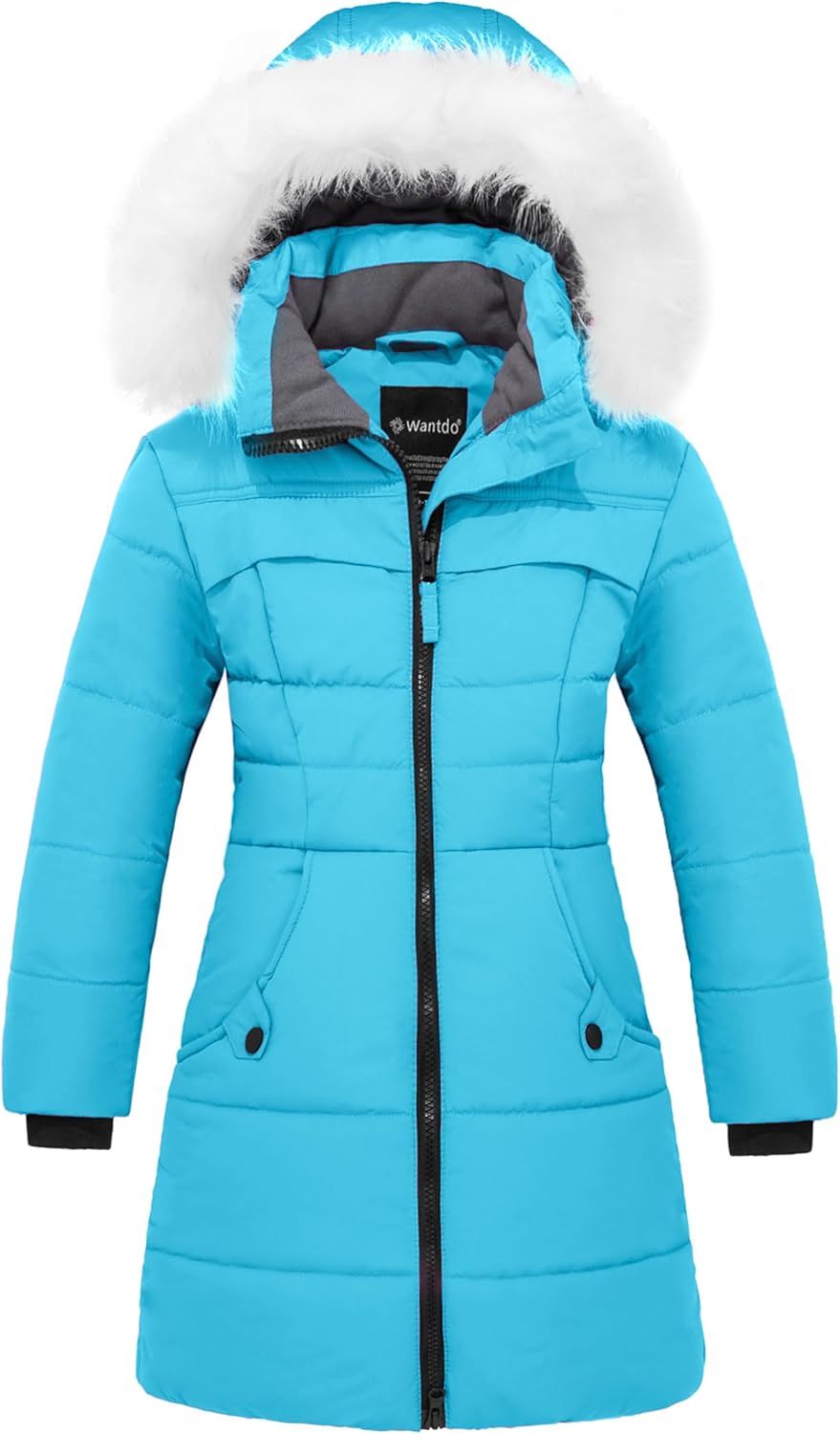 wantdo Girl's Winter Coat Waterproof Long Puffer Jacket Warm Parka with Faux Fur Hood