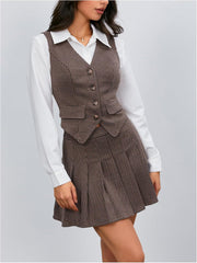Milumia Women's 2 Piece Outfit Plaid Vest Blazer and Pleated Skirt Suit Sets