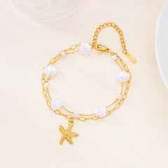 1PC Star-shaped Pearl Bracelets, Adjustable Layered Ocean Hand Chain, Hypoallergenic Beach Jewelry, Stackable Sea Theme Bracelet, Durable Ocean Inspired Accessory (Gold&White)