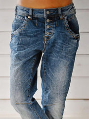 Flamingals Women's Stretchy Straight Leg Casual Low Rise Jeans Wash Button Fly Stitch Detail 90s Trendy Denim Jeans