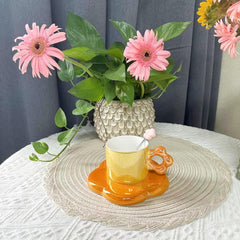 Ceramic Coffee Mug with Saucer Orange 200ml Cute Flower Tea Cup for Women Girlfriend Birthday Valentine's Day (Orange 2)