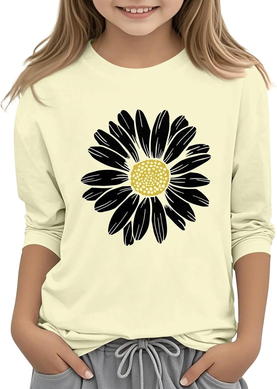 Kids Girls Tops Summer 3/4 Sleeve Cowl Neck T Shirts for Girls Sunflower Pattern Shirts Soft Comfy Blouses & Shirt