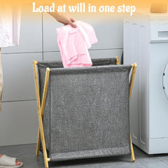 3 PCS Bamboo Laundry Hamper, X-Frame Laundry Basket, Laundry Hamper with Removable Bag, Foldable Laundry Basket for Household-Gery