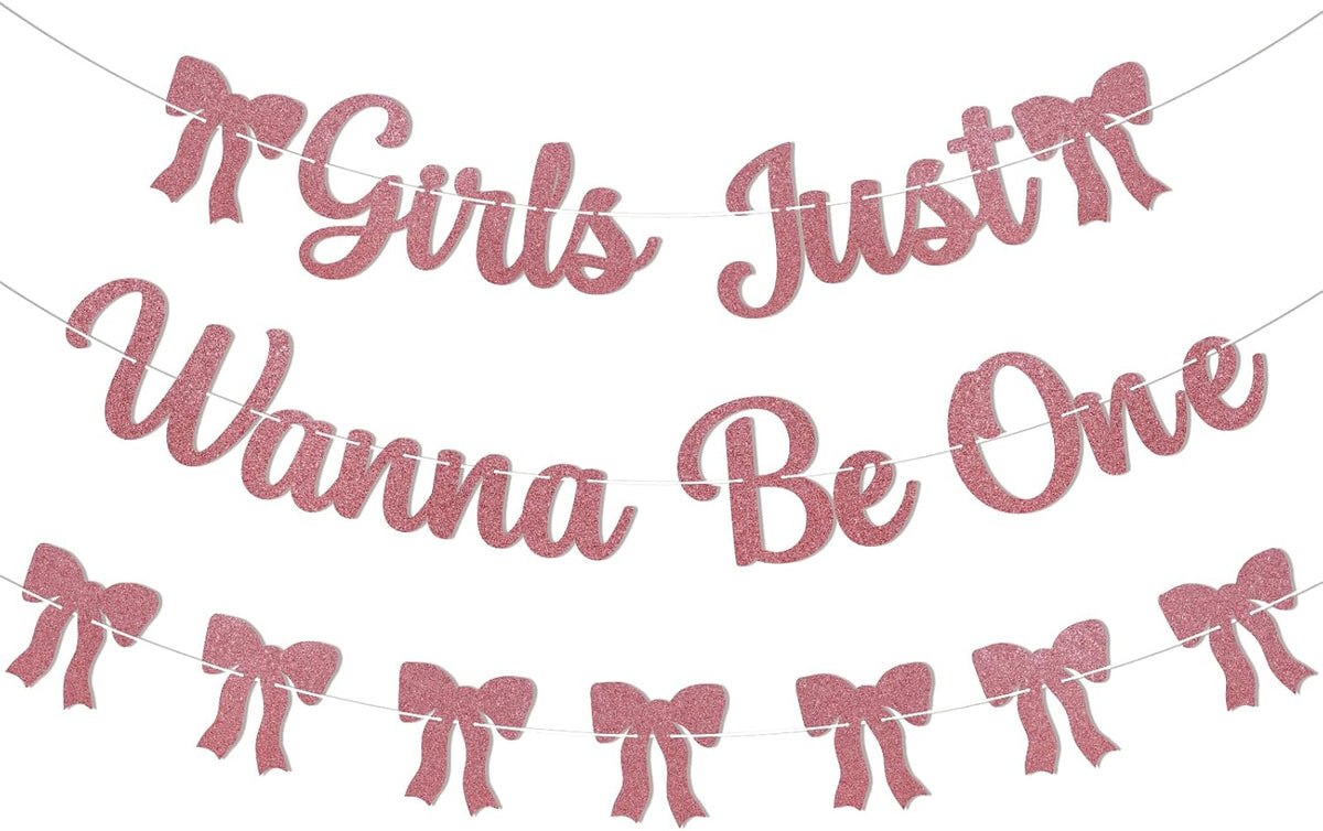 Girls Just Wanna Be One Banner - Girls First Birthday Decorations, Pink Bow 1st Birthday Banner for Kids 1st Bday Anniversary Party, Girl Just Wanna Be One Bday Party Supply Rose Gold Glitter