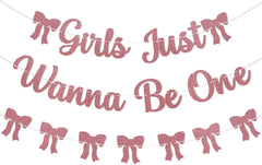 Girls Just Wanna Be One Banner - Girls First Birthday Decorations, Pink Bow 1st Birthday Banner for Kids 1st Bday Anniversary Party, Girl Just Wanna Be One Bday Party Supply Rose Gold Glitter