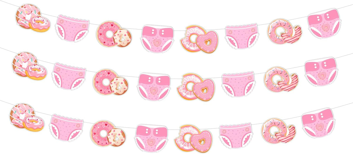 JOYMEMO 3 Pieces Donuts and Diapers Baby Shower Banners Pink, Donuts and Diapers Decorations for Girls, Sweet Doughnut Theme Baby Shower Party Supplies