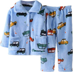 Boys' Fleece 𝐏ajamas 2-Piece Flannel 𝐏js 𝐒leepwear Kids Warm Cartoon Suits Label Button Down Top Fall Winter Outfits