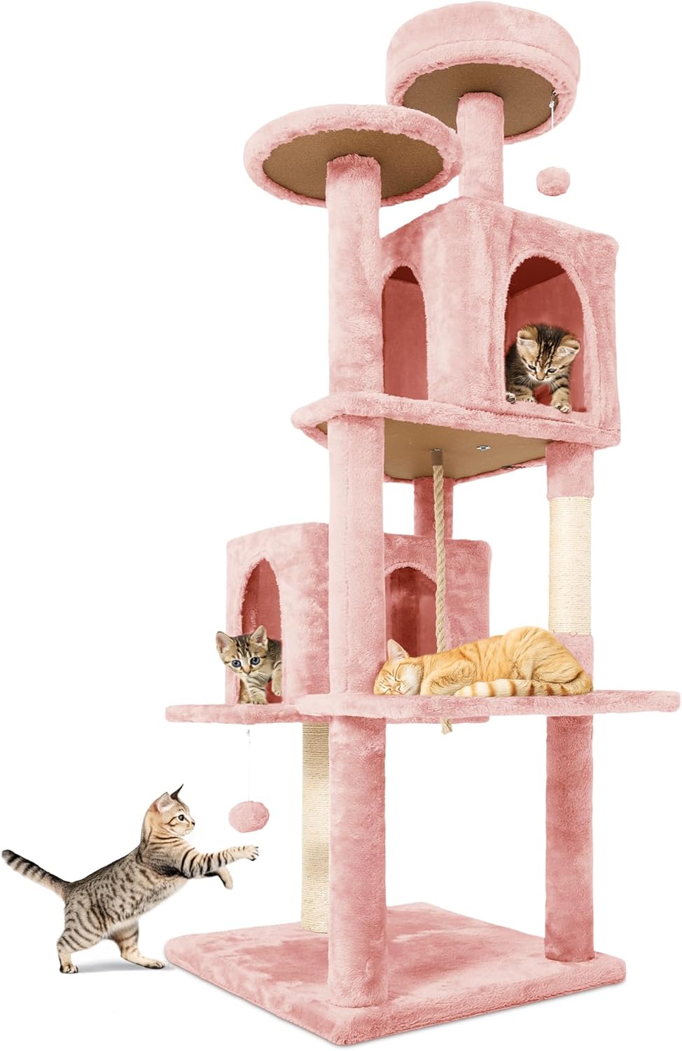 58.5inch Large Cat Tree Tower Condo for Indoor Cats, Soft Plush Multi-Level Climbing Tree Cat House with 1 360° Rotating Cat Cave, Scratching Post, More Entrance/Exit, Sisal Rope, Grey Black