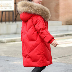 Girls Boys Long Puffer Coat Kids Fur Collar Winter Coat Lightweight Down Jacket Hooded Outerwear for 8-15 Years
