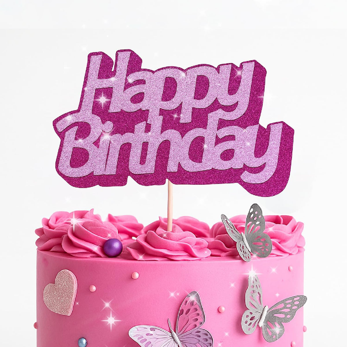 Hot Pink Happy Birthday Cake Topper - Glittery Happy Birthday Cake Decorations for Girls, Women,Hot Pink Party Supplies, Cupcake Topper Decoration, Kids Party Favors