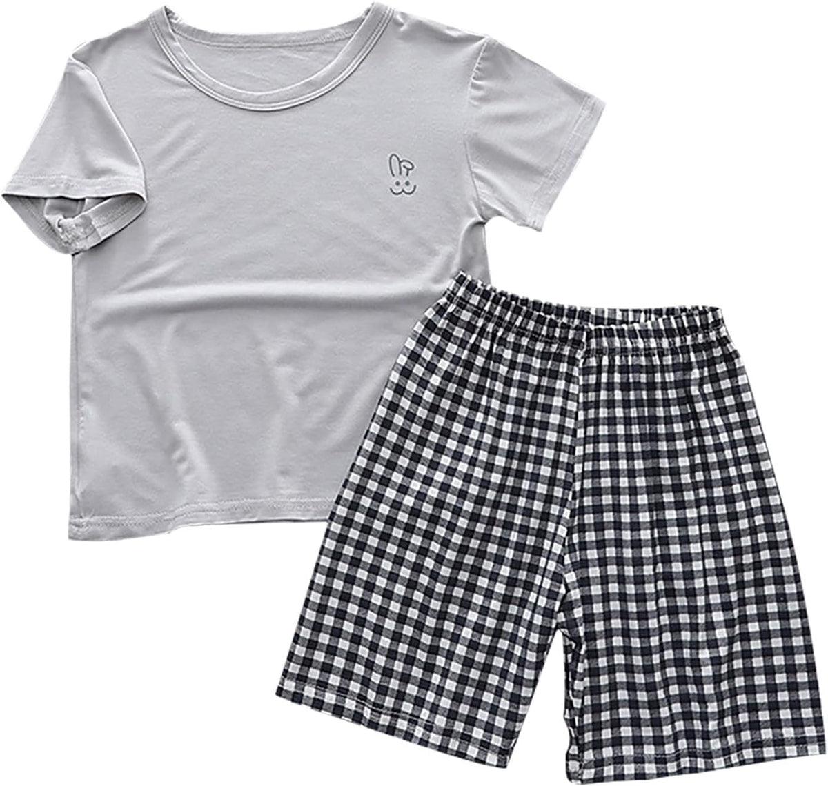 Boys Girls Kids 𝐏ajama Set 2 Piece 𝐒𝐥eepwear Outfits with Short Sleeve T-Shirts + Plaid Shorts Summer Clothing Sets