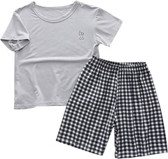 Boys Girls Kids 𝐏ajama Set 2 Piece 𝐒𝐥eepwear Outfits with Short Sleeve T-Shirts + Plaid Shorts Summer Clothing Sets