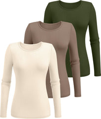 Ficerd 3 Pack Women's Ribbed Long Sleeve Tops, Crew Neck Slim Fit Undershirts Knit Basic Casual Stretch Layering Tee Shirts