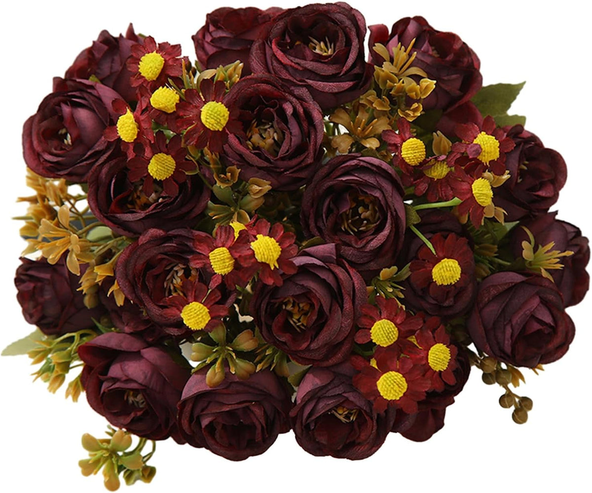 Artificial Flowers Fake Flower,Flower Bouquet with Rose Chamomile Green Leaves Realistic Reusable Non-Withering Home Wedding Party Faux Floral Plant Decoration Photo Props Wine Red