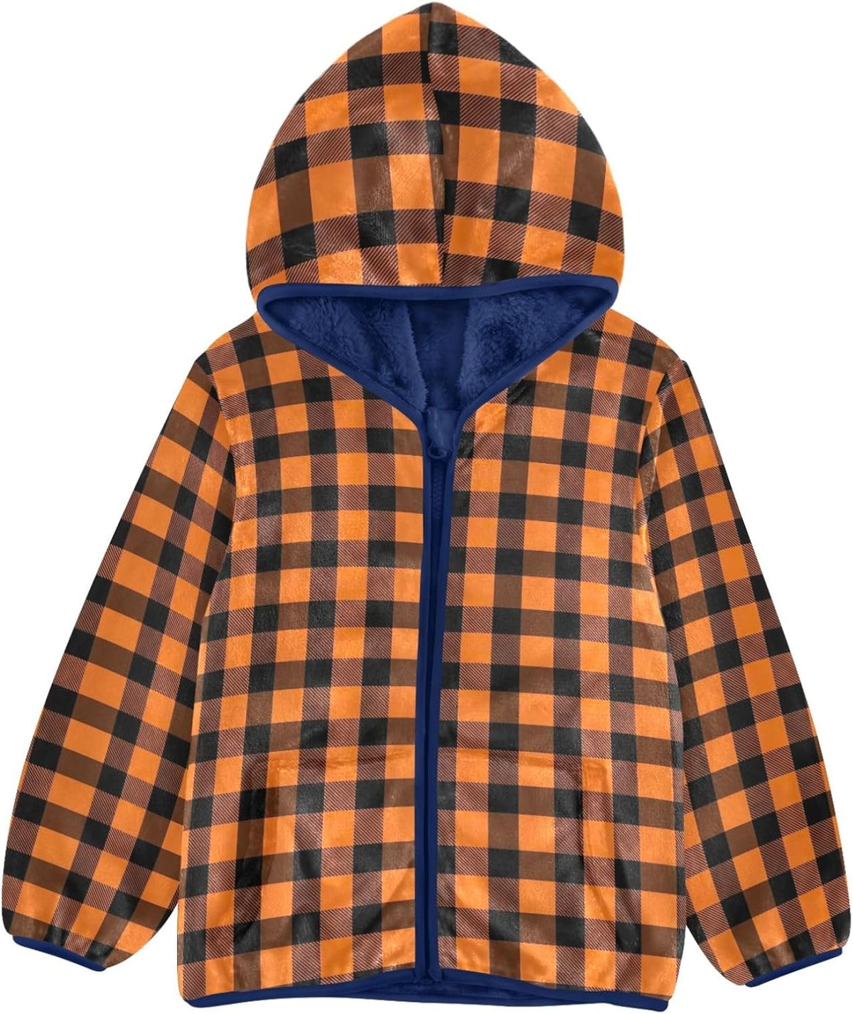 CHIFIGNO Buffalo Plaid Orange Toddler Fleece Zip up Jacket, Thick Lightweight Fleece Outerwear Jackets 3T