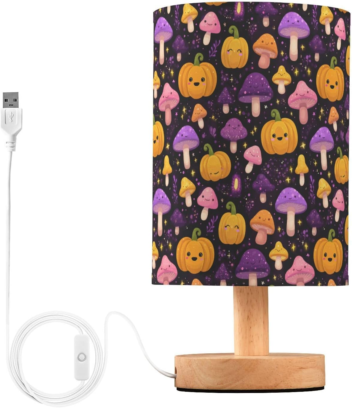 Cute Pumpkin Mushrooms Bedside Table Lamp Small Desk Lamps Linen Fabric Shade Decorative Nightstand Lamp LED with USB Port Wood Base for Bedroom Living Room