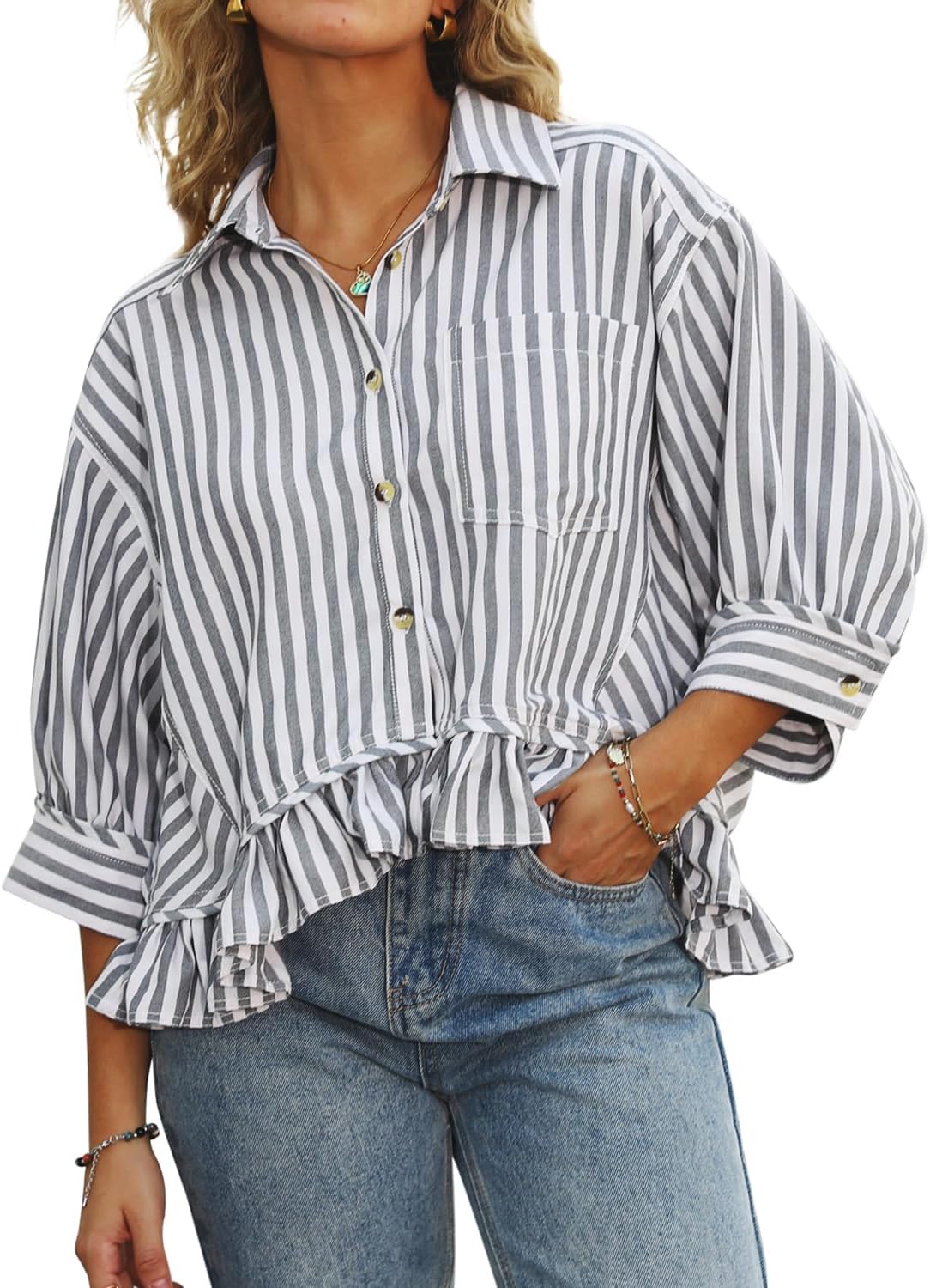 CHYRII Womens Summer Tops Dressy Casual Blouse Top Ruffled Short Sleeve Button Down Striped Shirt