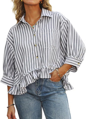 CHYRII Womens Summer Tops Dressy Casual Blouse Top Ruffled Short Sleeve Button Down Striped Shirt