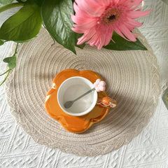 Ceramic Coffee Mug with Saucer Orange 200ml Cute Flower Tea Cup for Women Girlfriend Birthday Valentine's Day (Orange 2)