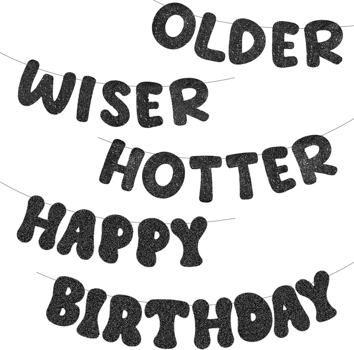 Older Wiser Hotter Banner - Pre Strung Glitter Black Fun Happy Birthday Garland for Women Men Black Birthday Decorations Retirement Party Supplies