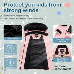 Girl's Winter Coats Kids Waterproof Long Puffer Jacket Thicken Fleece Lined Ski Parka with Detachable Fur Hooded