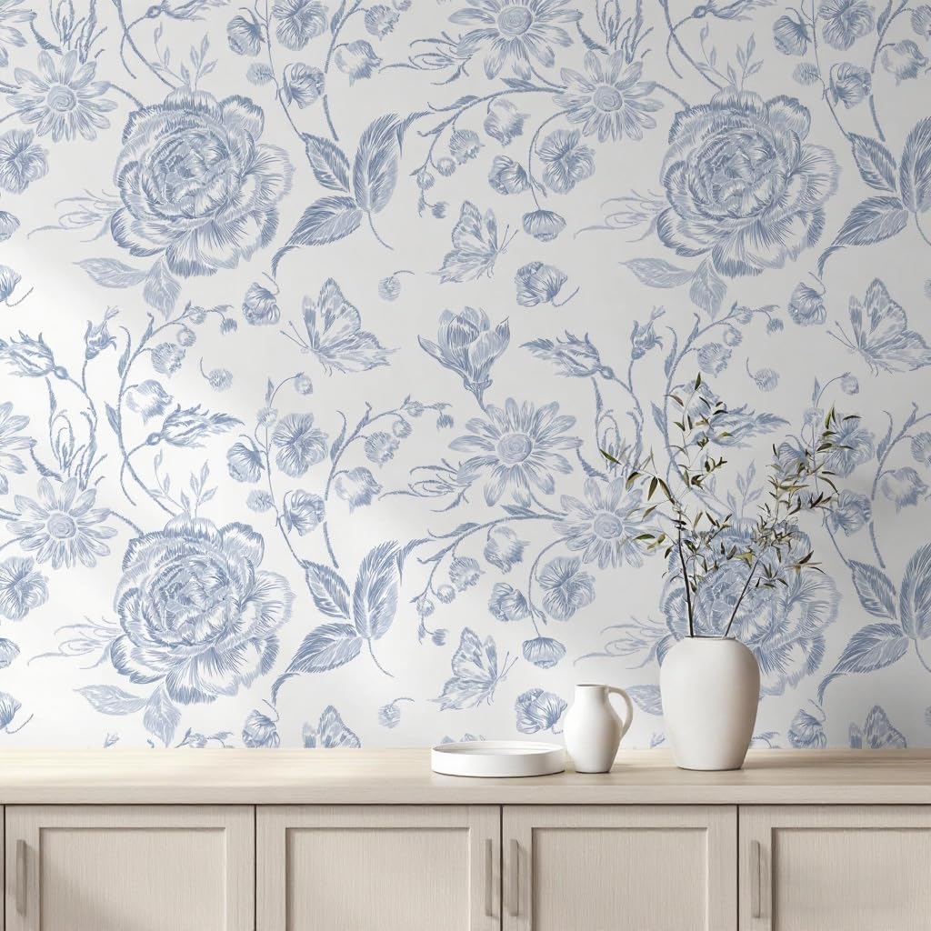 Blue Peel and Stick Wallpaper Floral Wall Paper Boho Embroidered Contact Paper Bedroom Bathroom Wallpaper Navy Blue and White Removable Self-Adhesive Kitchen Wall Decor Vinyl Roll 17.3" x 78"