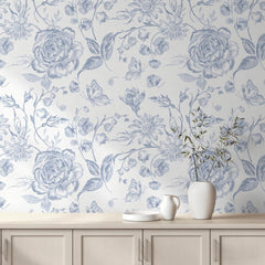 Blue Peel and Stick Wallpaper Floral Wall Paper Boho Embroidered Contact Paper Bedroom Bathroom Wallpaper Navy Blue and White Removable Self-Adhesive Kitchen Wall Decor Vinyl Roll 17.3" x 78"