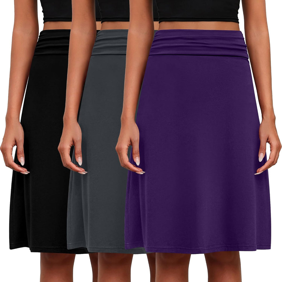 3 Pack Womens Midi Skirts Flowy Lightweight Knee Length Casual Elastic Waist Modest Flared Skirts Trendy Summer