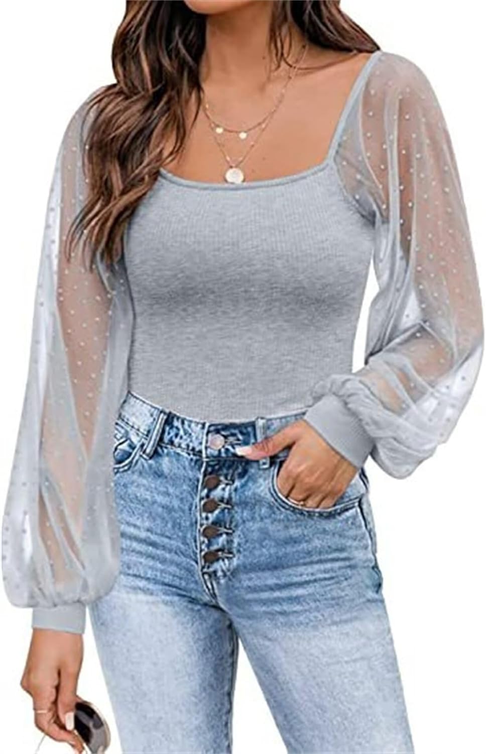Elegant Sheer Polka Dot Blouse Long Lantern Sleeves Casual & Chic Shirt Squareneck Night Out Top