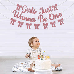 Girls Just Wanna Be One Banner - Girls First Birthday Decorations, Pink Bow 1st Birthday Banner for Kids 1st Bday Anniversary Party, Girl Just Wanna Be One Bday Party Supply Rose Gold Glitter