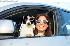 HardPress Wall Art Poster Print of Woman and Dog in Car on Summer Travel. Funny Dog with Sunglasses Traveling. Vacation with Pet Concept.